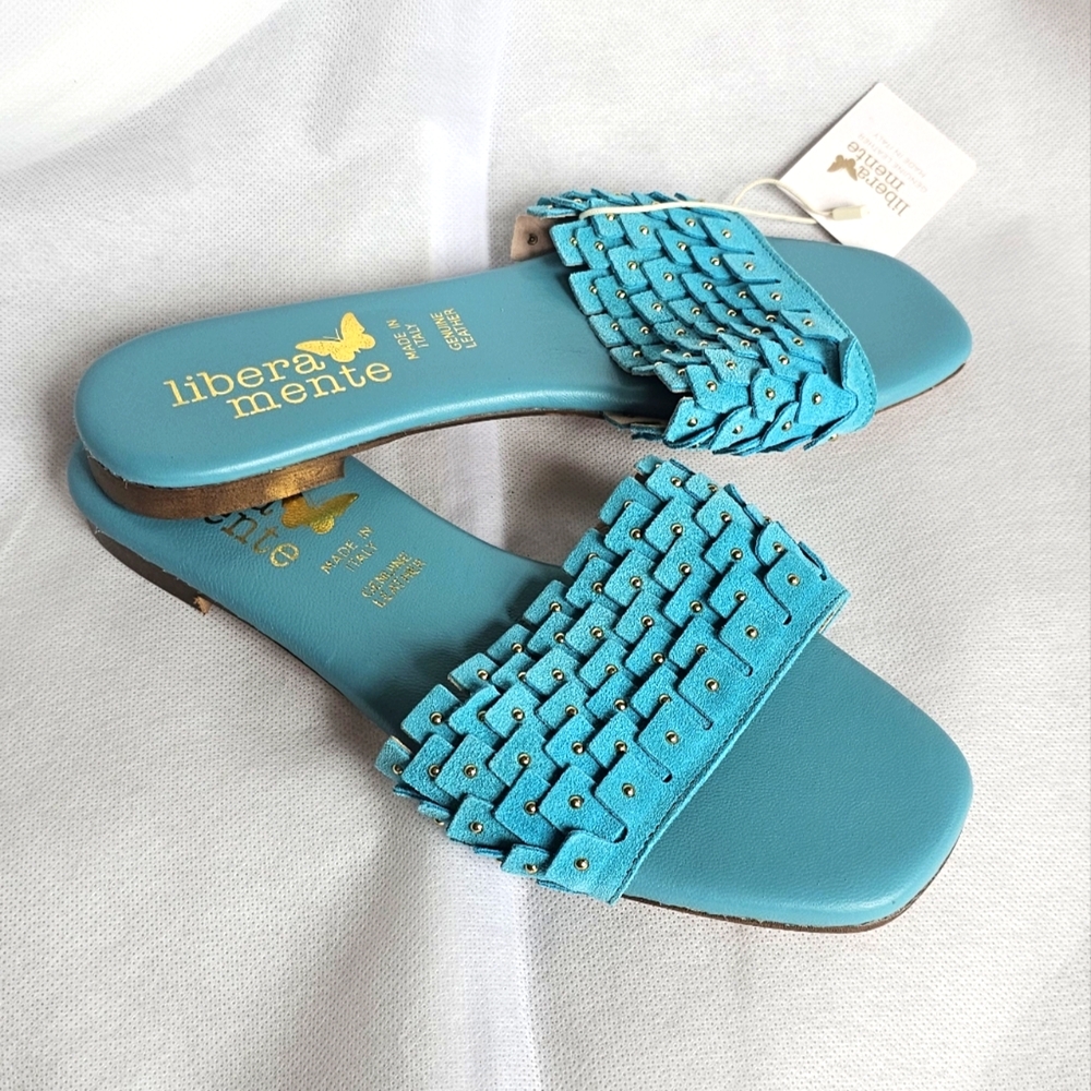 Blue leather fringed slide sandals with gold detail size 6 NWT
